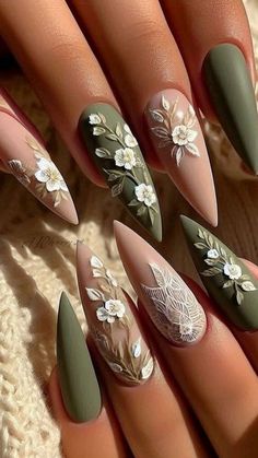 Seasonal Acrylic Nails, Nature Inspired Wedding Nails, Sage Nails With Design, Nails With Olive Green Dress, Moss Agate Nail Art, Wedding Nails Forest Green, Wedding Nails With Gold Accents, Cottagecore Wedding Nails, 3d Leaf Nails