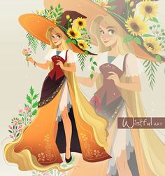 two women dressed in costumes and hats with sunflowers on their heads, one holding a bouquet