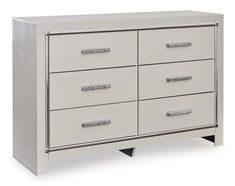 a white dresser with five drawers and chrome handles