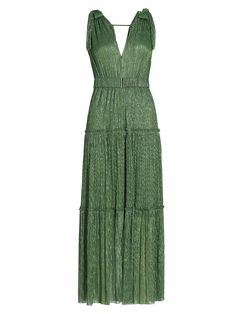 Shop Sabina Musáyev Helena Metallic Tiered Maxi Dress | Saks Fifth Avenue Helena Dress, Plisse Fabric, Hardware Pulls, Plunging Neck, Green Maxi, Dress Home, Maxi Dress Evening, Maxi Dress Green