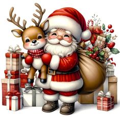 a santa claus holding a bag full of presents and a deer standing next to it