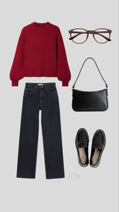 Lab Safe Outfits, Kendall Jenner Red Sweater, Red And Black Work Outfits, Red Loafers Outfit Women, Red Handbag Outfit, Red Bag Outfit, Shoes Basic, Red Sweater Outfit, Timeless Closet