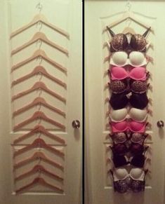 Attach hangers together to make this cool diy bra organizer. Repin! Hanging Bras, Bra Storage, Diy Hooks, Diy Bra, Bra Hacks, Wooden Hangers, Bra Shop