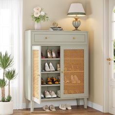 a small cabinet with shoes on it in a room next to a potted plant