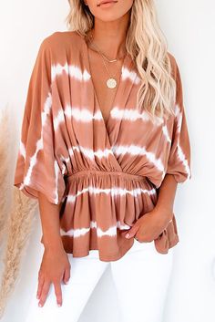 Tie Dye Peplum Top Trendy Brown Spring Blouse, Chic Brown Tops For Spring, Chic Brown Top For Spring, Brown Flowy Tops For Spring, Flowy Brown Top For Spring, Summer Brown Blouse For Brunch, Chic Brown Blouse For Spring, Flowy Brown Blouse For Summer, Flowy Brown Blouse For Spring