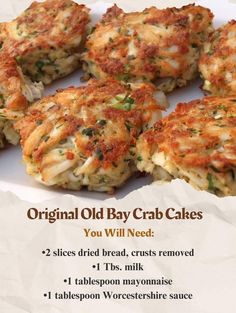 some crab cakes are on a white plate and there is information about the recipe below