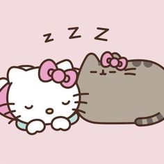 two cartoon cats sleeping next to each other on a pink background with the caption hello kitty