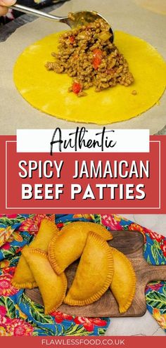 some food that is sitting on top of a wooden cutting board with the words authentic spicy jamaican beef patties