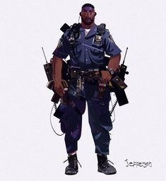 a drawing of a police officer standing with his arms crossed and two radio antennae attached to his chest