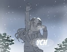 a girl with long hair is standing in the snow and raising her hand up to the sky