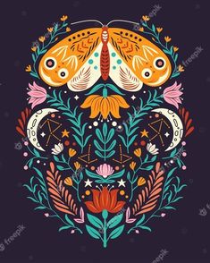 an ornate floral design with butterflies and flowers on a dark background - stock vector illustration