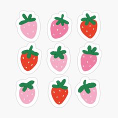 six strawberry stickers with green leaves on them