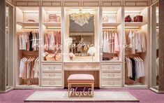 a walk in closet with pink carpet and chandelier