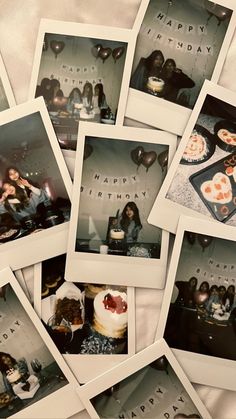 several polaroid photos of people sitting at a table with birthday cakes and balloons in the background