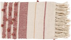 a red and white striped rug with tassels on the bottom, along with fringe