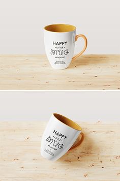 two coffee mugs sitting on top of a wooden table with the words happy new year written