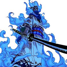 an anime character holding two swords in their hands and wearing blue clothing with waves on the background