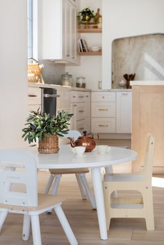 a white table and two chairs in a room