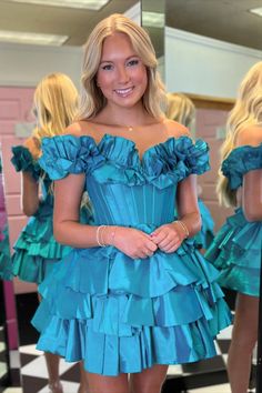 Ruffle Blue Tiered Short Homecoming Dress Off The Shoulder Homecoming Dress, White Homecoming Dresses, Prom Accessories, Blue Homecoming Dresses, Satin Short, Short Homecoming Dress, Sophisticated Dress, Note Box, Homecoming Dresses Short