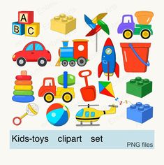 kids'toys clipart set includes cars, trucks, and other things to play with