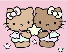 two hello kitty standing next to each other with stars on the ground in front of them