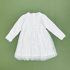 Pure elegance wrapped in every thread! This organic sweater knit dress with delicate floral embroidered tutu is perfect for your little princess.  - Fancy sweater knit tutu skirt baby dress with a long sleeve knitted bodice top & delicately embroidered tutu skirt.- Ivory organic cotton knit top with white floral em Fancy Sweater, Knit Baby Dress, Bodice Top, Knitted Baby Blankets, Knit Sweater Dress, Tutu Skirt, Sweater Knit, Sheer Fabrics