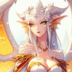 a woman with white hair and green eyes in front of a dragon like headdress