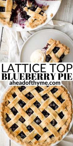 lattice top blueberry pie on a white plate