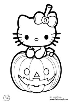 hello kitty sitting on top of a pumpkin