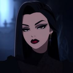 an animated image of a woman with dark hair and red lips, wearing black clothes