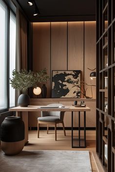 a room with a table, chairs and vases on the floor in front of a large window