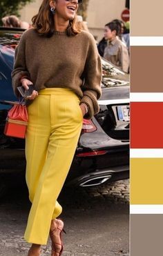 Yellow Pants Outfit Fall, Yellow And Beige Outfit, Mustard Color Outfits, Yellow Color Combinations Outfits, Yellow Blouse Outfit, Yellow Pants Outfit, Mustard Pants, Bright Colored Outfits, Colour Combinations Fashion