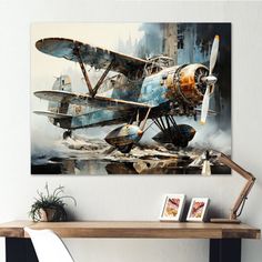 a painting of an old airplane on the wall