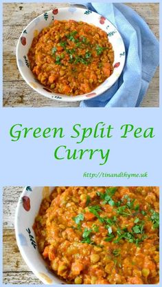 green split pea curry in a white bowl on top of a wooden table with text overlay