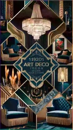 an art deco poster with blue chairs and chandelier in the middle, surrounded by other furniture