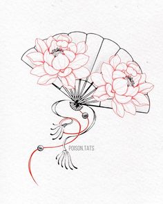 a drawing of flowers and a fan on a piece of paper with the words poson tats written below it