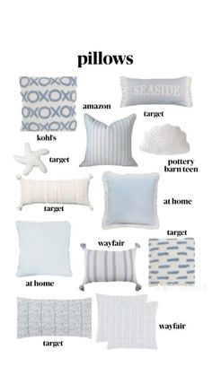 pillows that are labeled in different colors and sizes, with the names below them on each pillow