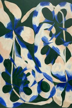 an abstract painting with blue and white flowers