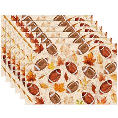 a set of six paper napkins with football and leaves on the front, one in white