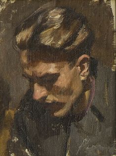 an oil painting of a man wearing a black jacket and tie with his head turned to the side