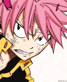 an anime character with pink hair holding a cell phone to his ear and looking at the camera