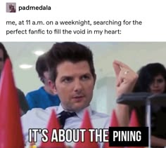 a man is sitting at a table with cones in front of him and the caption reads, it's about the pinning