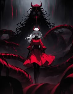 a woman in a red dress standing next to a giant demon