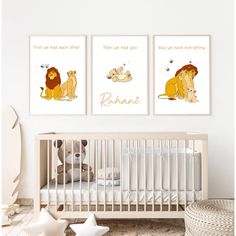 the lion king posters are hanging on the wall in this baby's nursery room