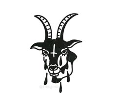 a black and white drawing of a goat's head with blood dripping from its horns