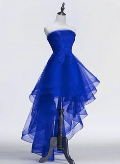 Royal Blue Tulle with Lace Applique High Low Party Dress Outfits For Girls Prom Dresses Short Royal Blue, Royal Blue Short Prom Dress, Blue Organza Dress For Prom Season, Blue Organza Prom Dress, Fitted Royal Blue Tulle Evening Dress, Blue Organza Ball Gown Dress, Blue Organza Dress For Banquet, Royal Blue A-line Evening Dress For Prom, Blue Organza Sleeveless Dress