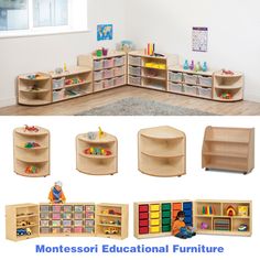 the montessoi educational furniture is available in multiple colors and sizes, including bookshelves