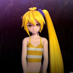 a cartoon girl with long blonde hair wearing a yellow and white striped top, standing in front of a purple background