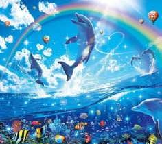 dolphins swimming in the ocean under a rainbow - filled sky with clouds and balloons above them