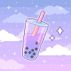 an image of a drink with a straw in the sky and stars around it, pixel art